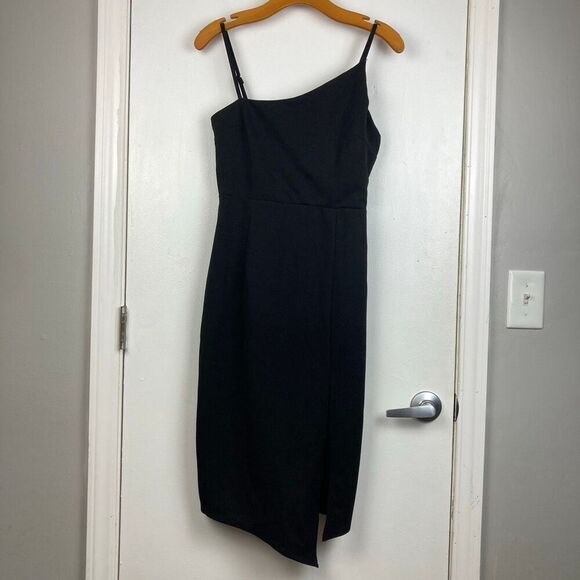 NWT Lulus Shape the Night Black Asymmetrical Midi Cocktail Dress Elegant Sexy L - Picture 2 of 11